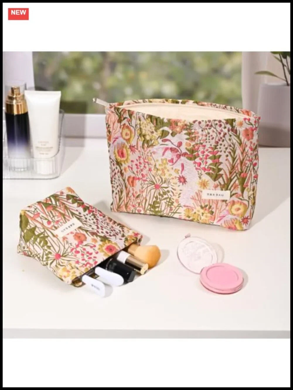 Embroidered Floral Makeup Bag Set - Large Cosmetic Pouch with Zipper, Toiletry
